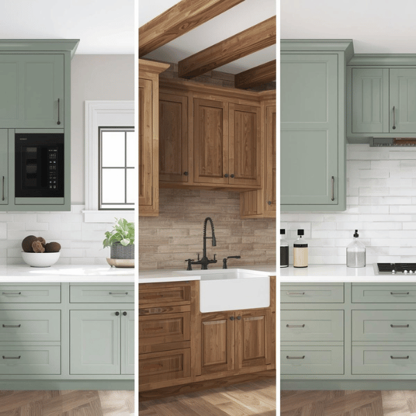 Versatile sage green cabinet designs blending with modern, rustic, and classic interiors from VIC Cabinet Vietnam.