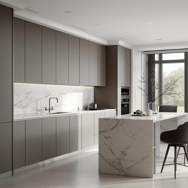 Matte gray and ivory white cabinets in a luxury minimalist kitchen with marble and gold accents