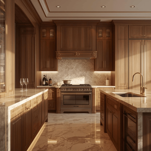 Luxurious walnut and marble kitchen showcasing premium craftsmanship by VIC Cabinet Vietnam.