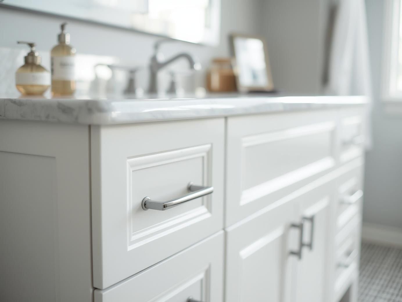 Close-up of white shaker vanity cabinet with marble countertop and brushed nickel hardware in modern bathroom