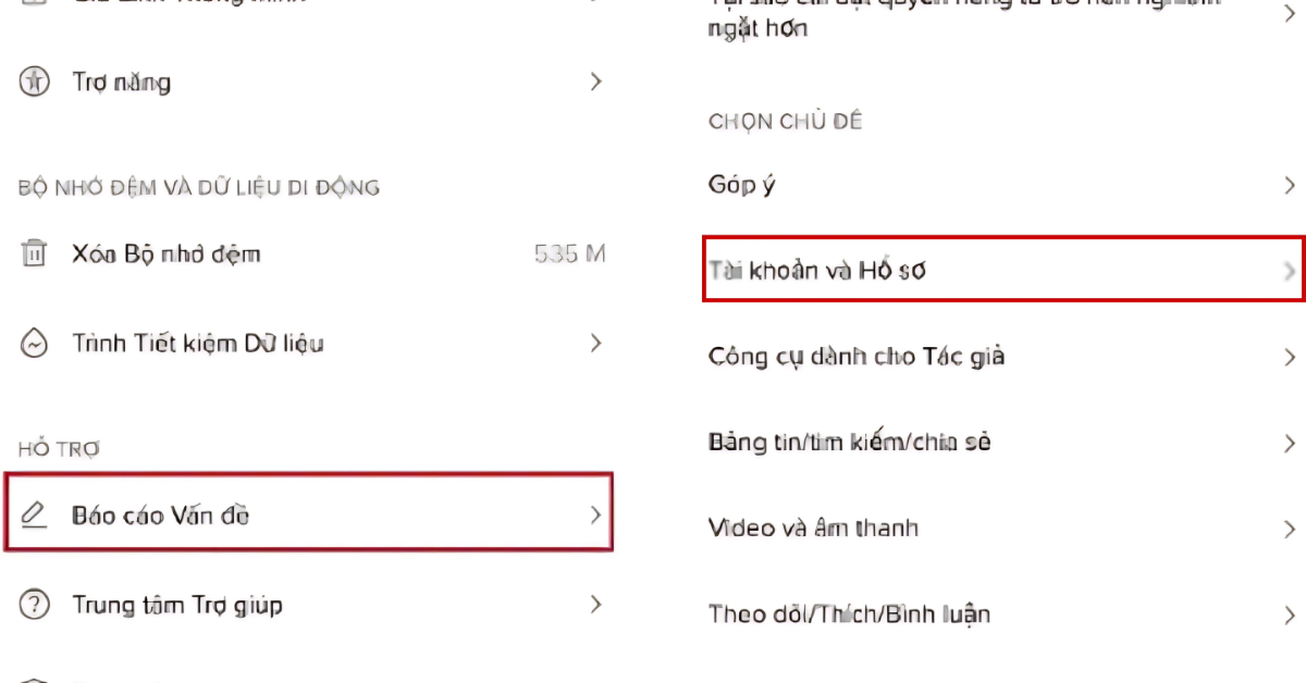Bước 2: Tìm chủ đề liên quan đến tài khoản và hồ sơ