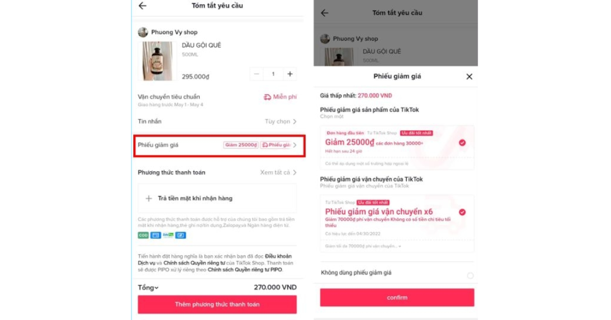 Bước 3: Áp dụng mã giảm giá và chọn phương thức thanh toán