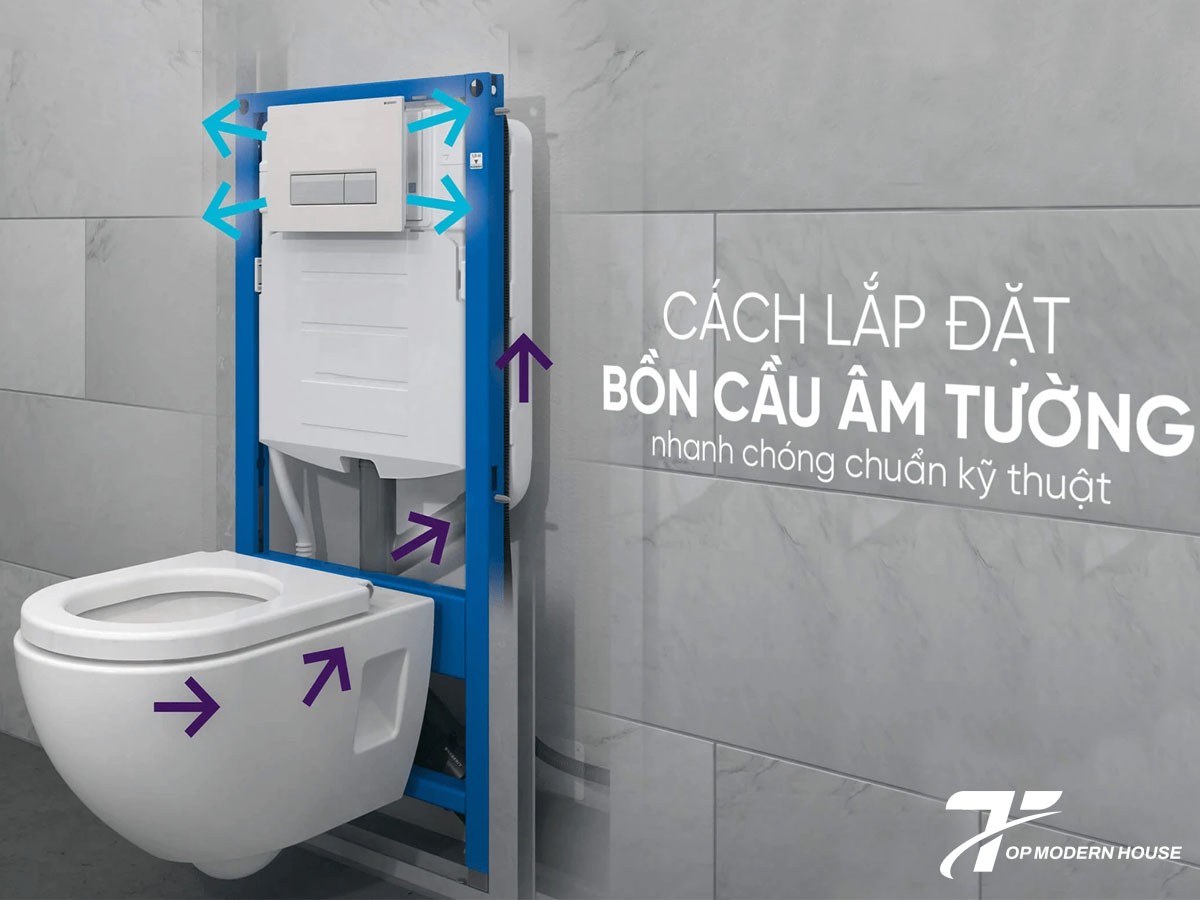 Lắp đặt bồn cầu treo tường chịu lực lớn cần cố định khung treo chắc chắn, lắp két nước âm tường đúng kỹ thuật và kiểm tra vận hành trước khi hoàn thiện.