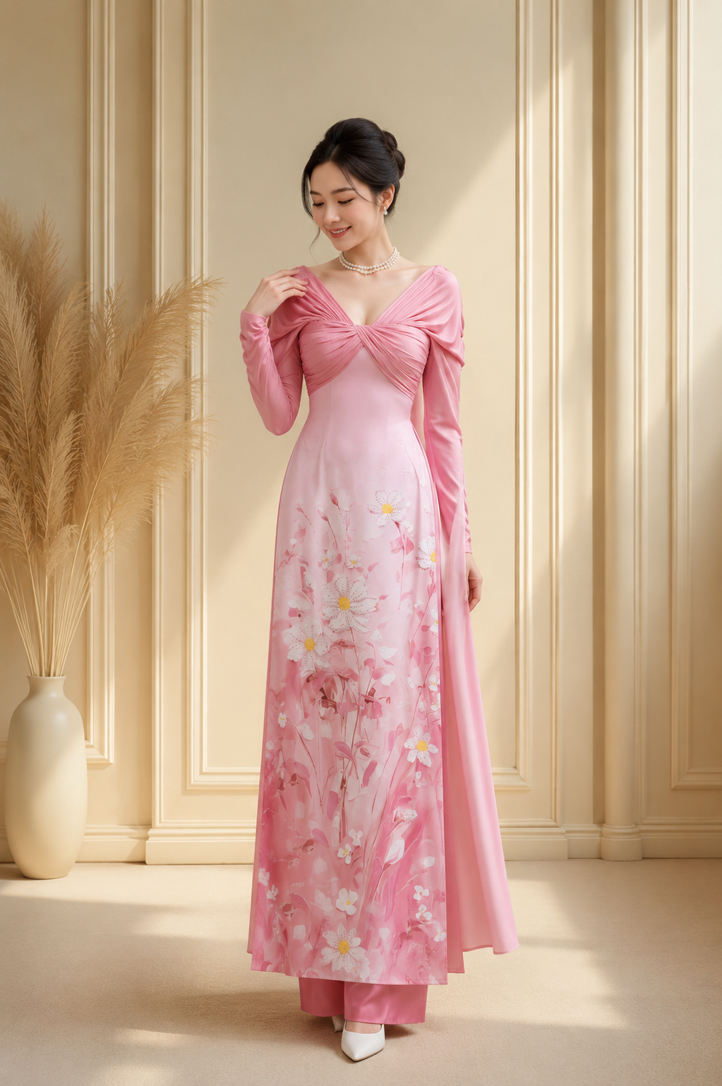 Áo dài cổ chữ V Thái Tuấn