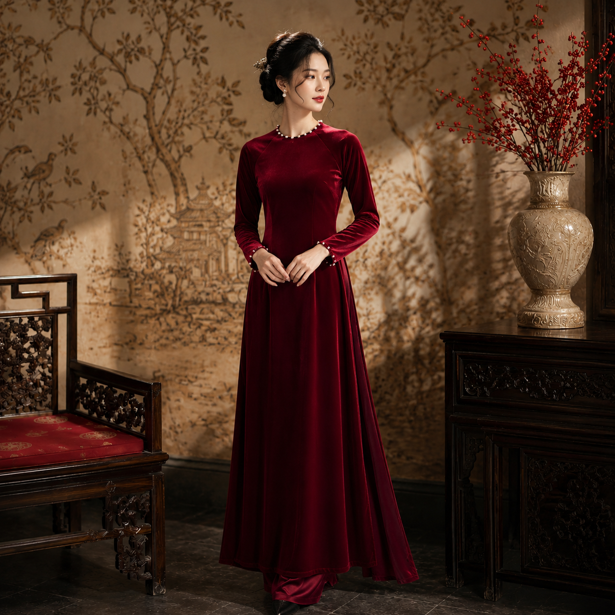 Áo dài cổ tròn đính ngọc trai