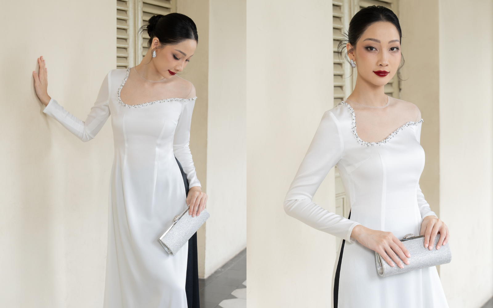 Áo dài cổ lưới đính đá