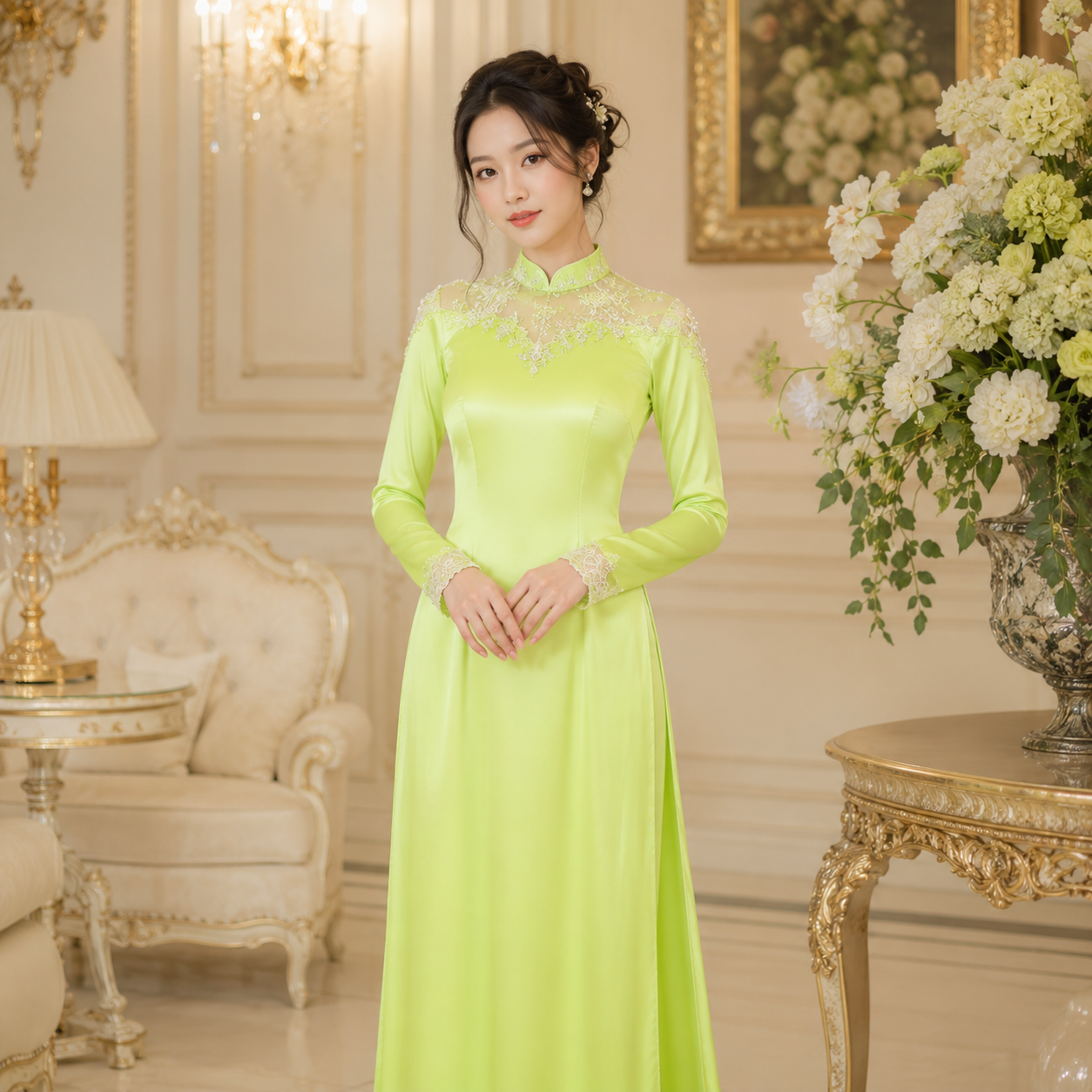 Cổ áo dài phối ren truyền thống
