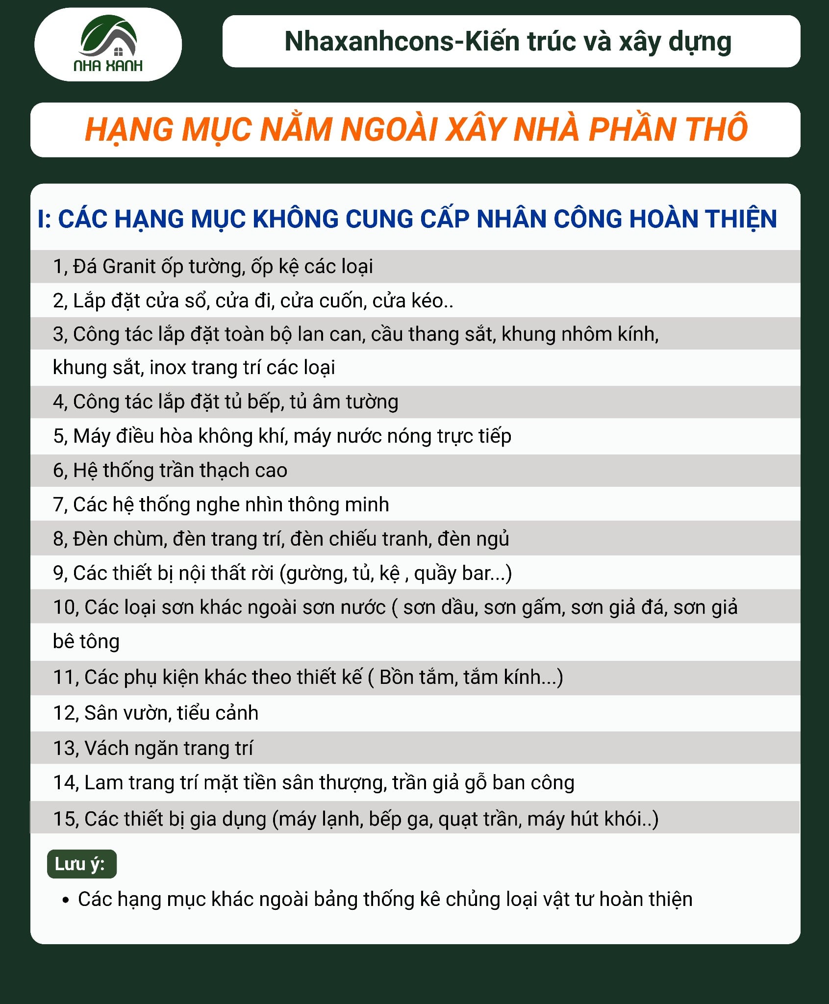 hạng mục công việc nằm ngoài gói xây nhà phần thô