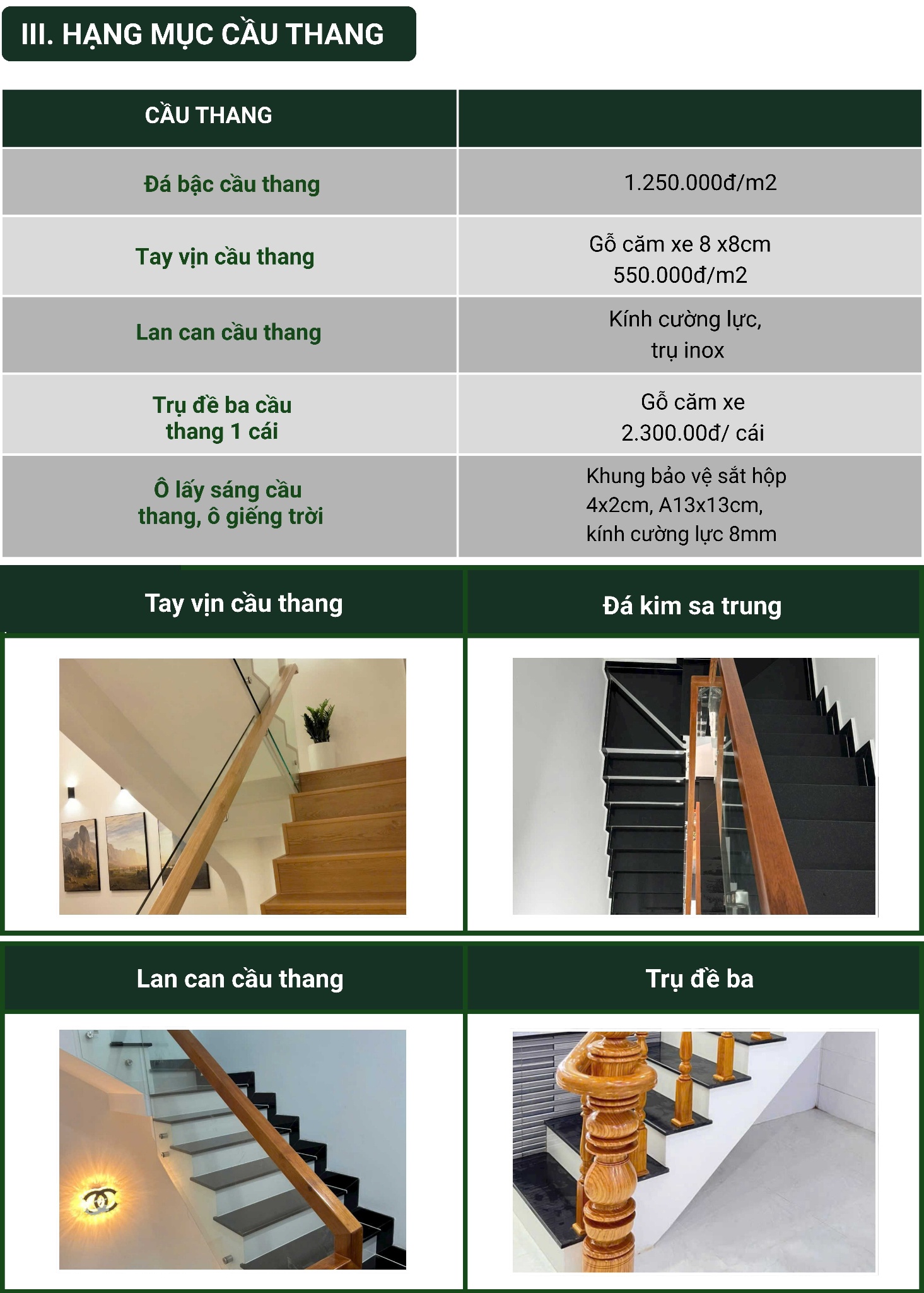 bảng vật tư hoàn thiện cầu thang căn hộ dịch vụ