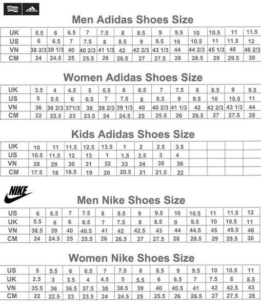 Bảng size giày Nike và Adidas