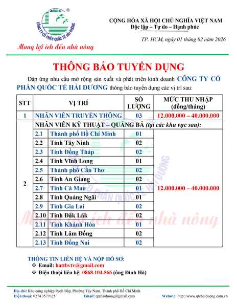 THÔNG BÁO TUYỂN DỤNG