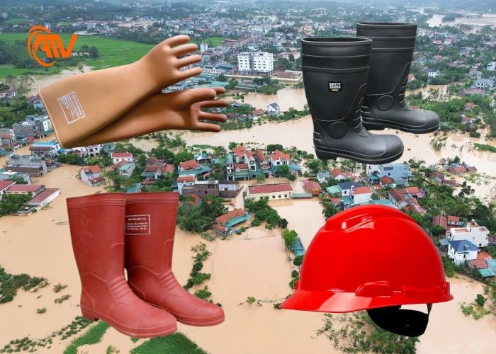 Nón, găng tay, ủng bảo vệ qua mùa lũ