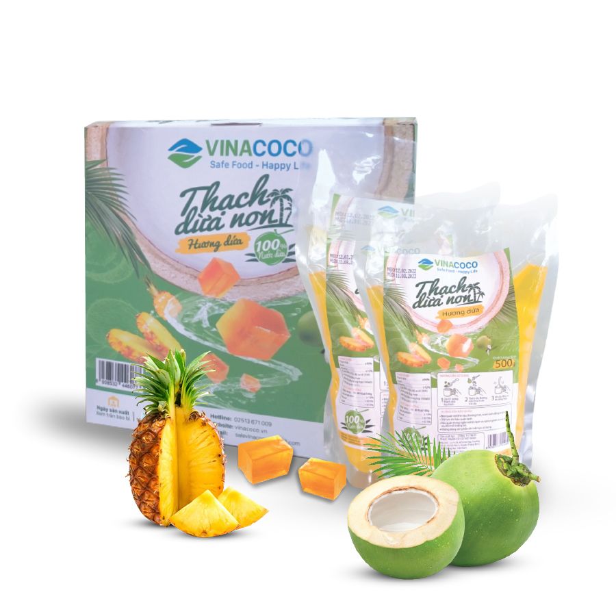 Mọi người có thể biến tấu món thạch dừa hoa quả bằng cách rắc topping thạch dừa GC Food lên trên.