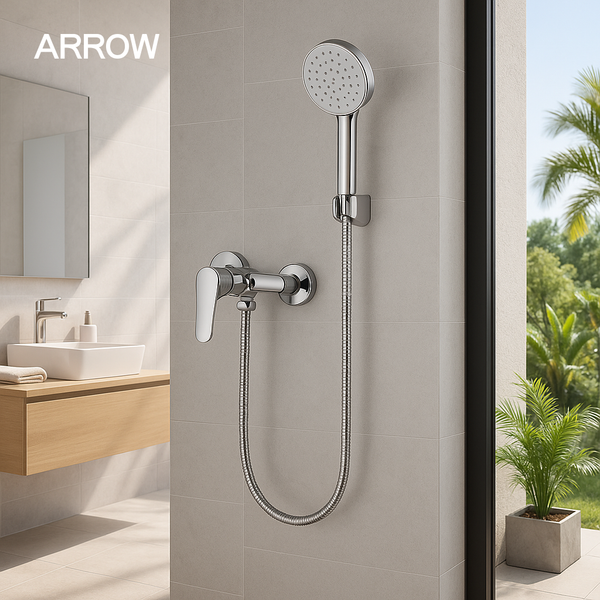 Hình ảnh bộ vòi sen nóng lạnh sáng bóng trong phòng tắm hiện đại của Arrow