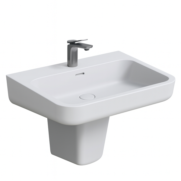Lavabo nhỏ chân lửng giúp che đường ống nước thẩm mỹ.