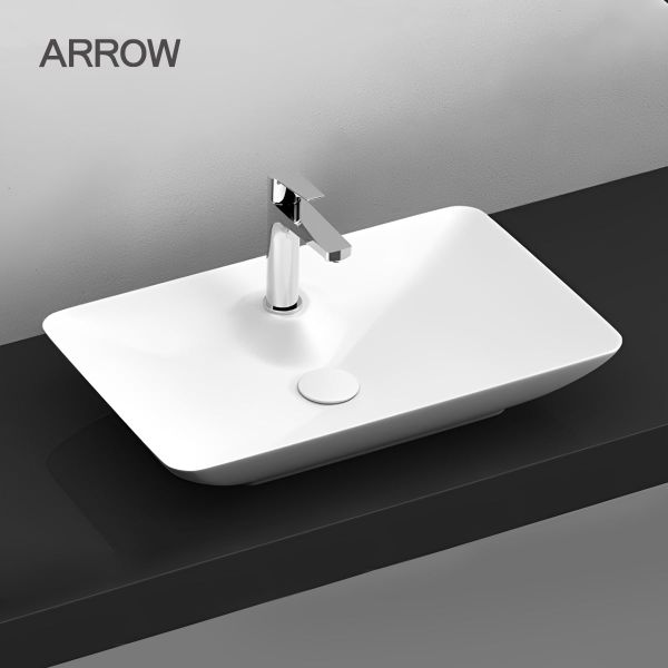 Mẫu lavabo đẹp đặt bàn hình chữ nhật bo góc men sứ trắng sáng Arrow