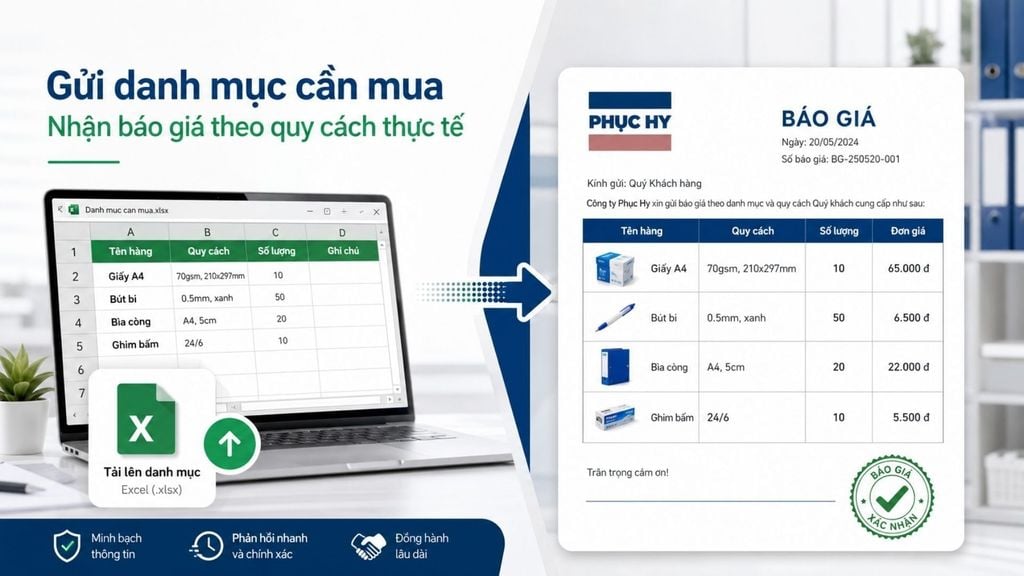 Doanh nghiệp gửi danh mục văn phòng phẩm để nhận báo giá