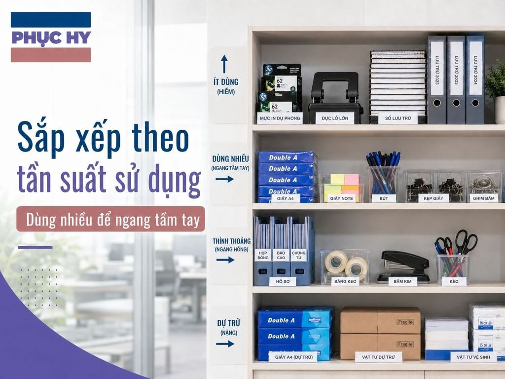 Sắp xếp kệ kho văn phòng phẩm khoa học dễ tìm dễ lấy