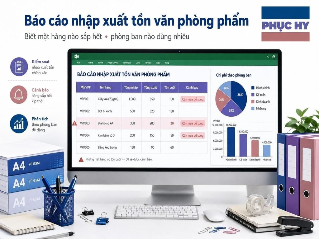 Báo cáo nhập xuất tồn văn phòng phẩm bằng Excel