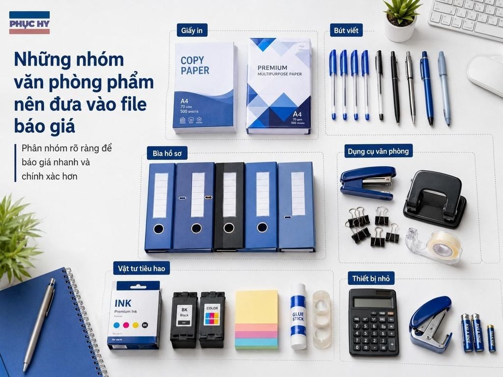 Danh mục văn phòng phẩm cần báo giá gồm giấy in, bút viết, bìa hồ sơ và dụng cụ văn phòng
