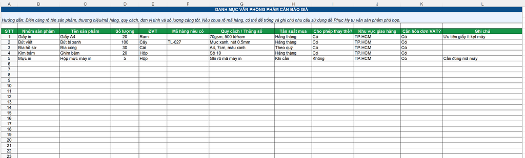Tải file báo giá văn phòng phẩm