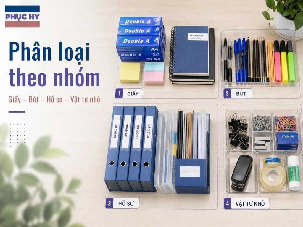 Phân loại văn phòng phẩm theo nhóm để quản lý kho dễ tìm