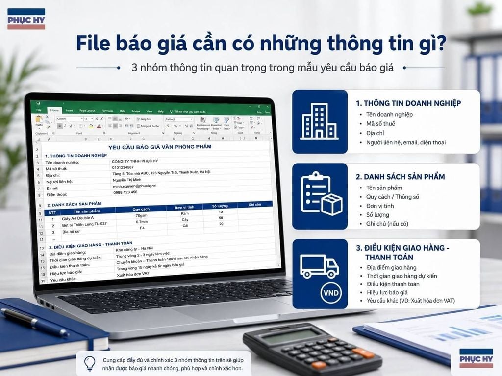 Mẫu Excel báo giá văn phòng phẩm cần có thông tin doanh nghiệp, sản phẩm và giao hàng