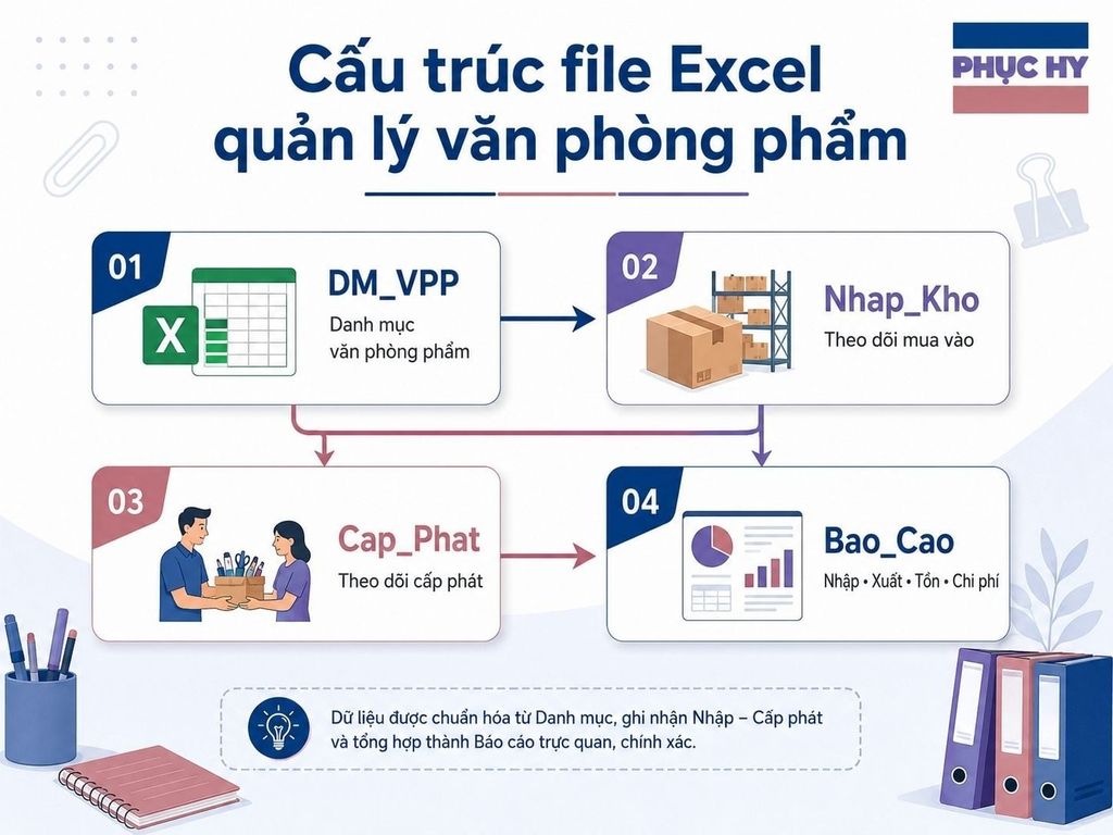 Cấu trúc file Excel quản lý văn phòng phẩm gồm danh mục nhập kho cấp phát báo cáo