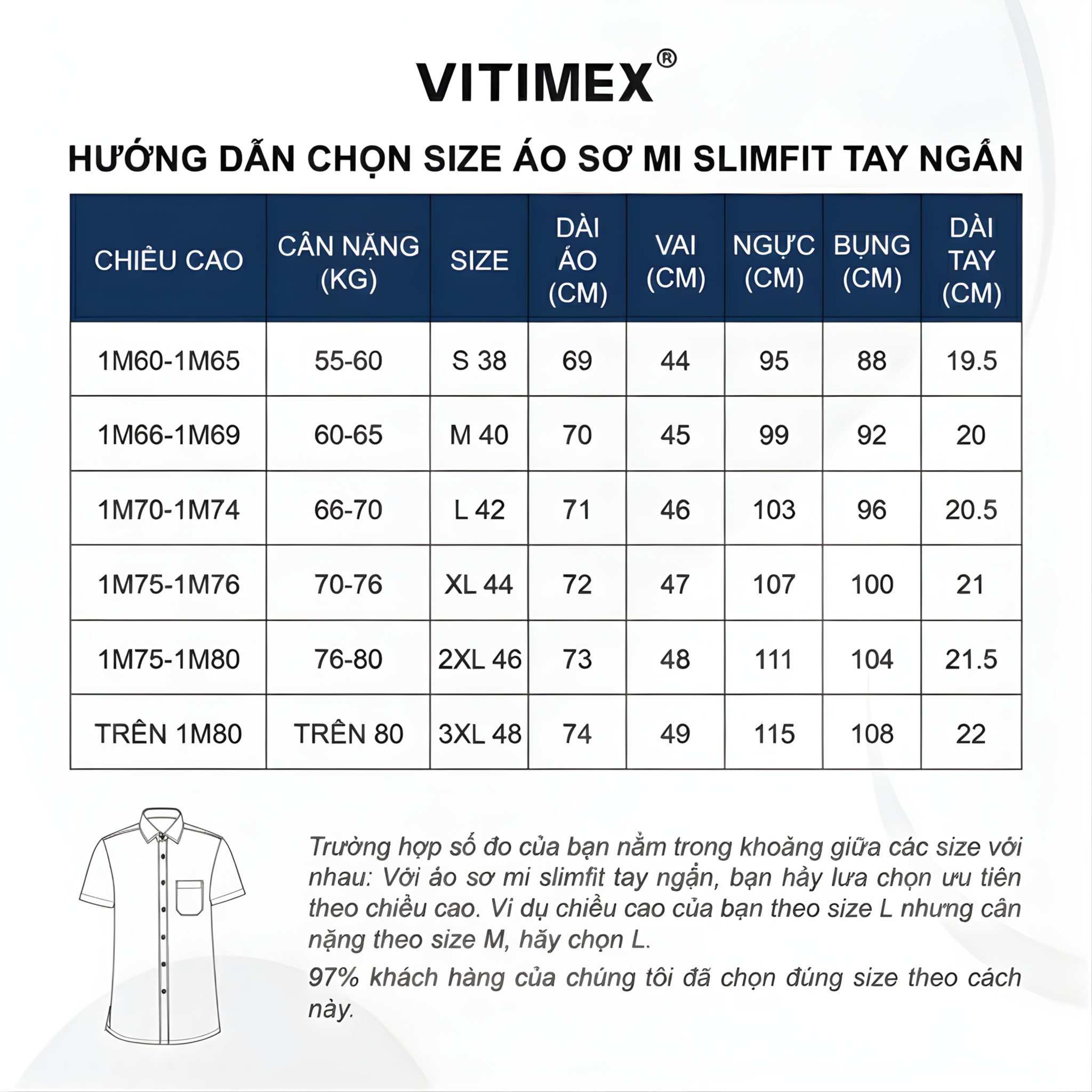 Hướng dẫn chọn size áo sơ mi ngắn tay dáng slimfit