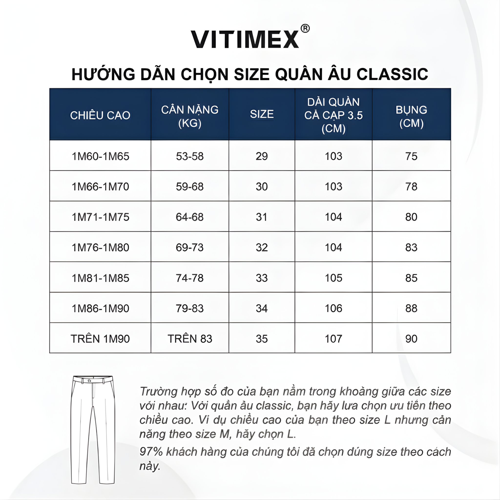 Hướng dẫn chọn size quần âu dáng classic