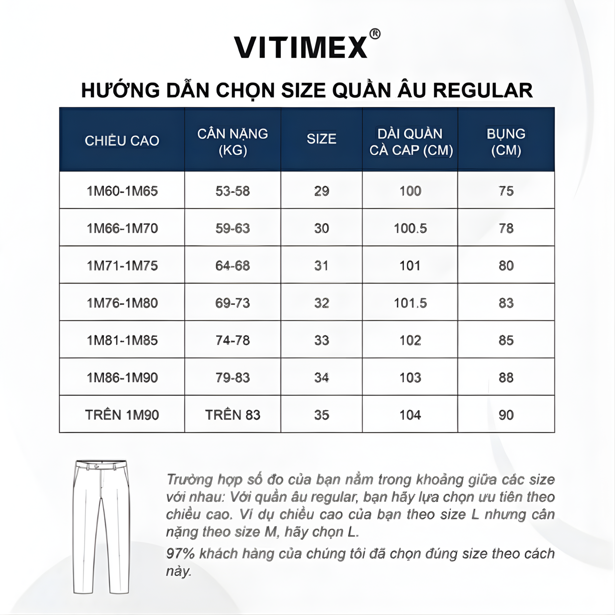 Hướng dẫn chọn size quần âu dáng regular