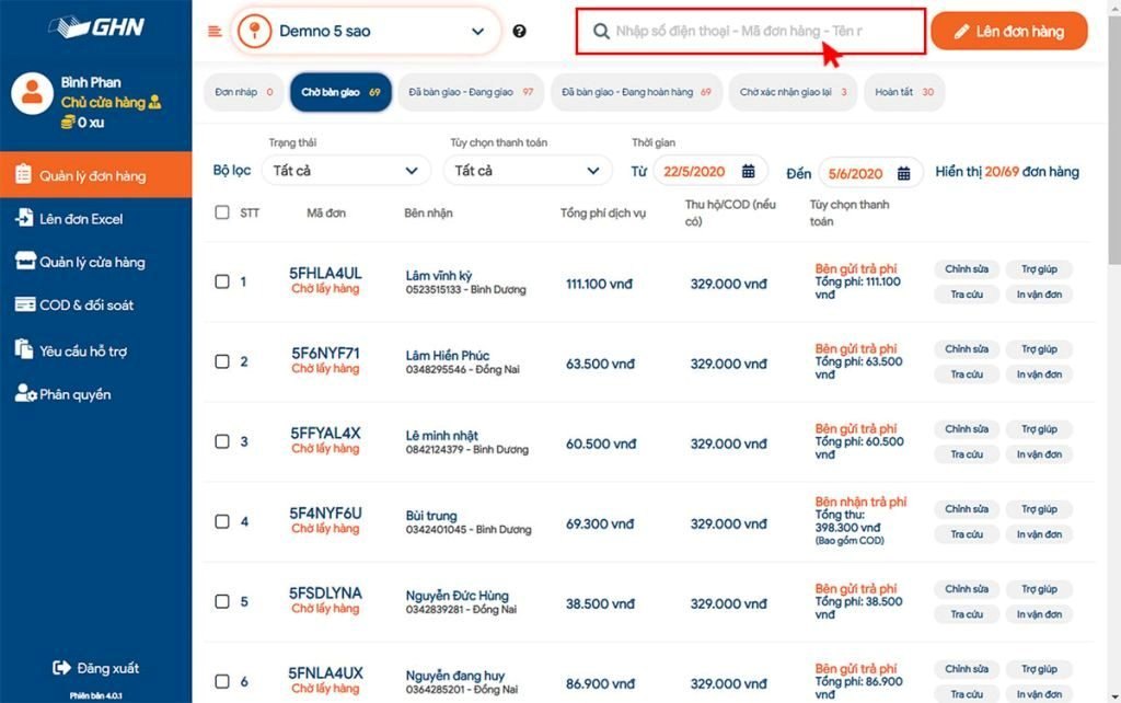 Nhập tên hoặc số điện thoại người nhận vào thanh tìm kiếm.