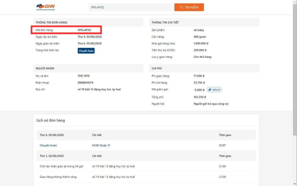 Thông tin đơn hàng hiển thị trên giao diện