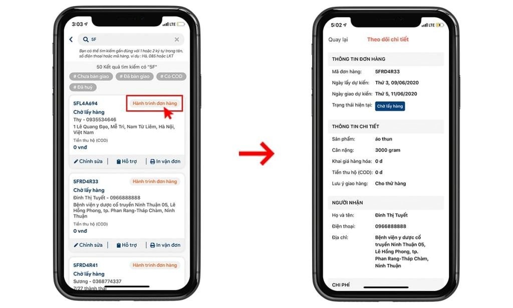Nhấn nút Hành trình đơn hàng để xem mã vận đơn.