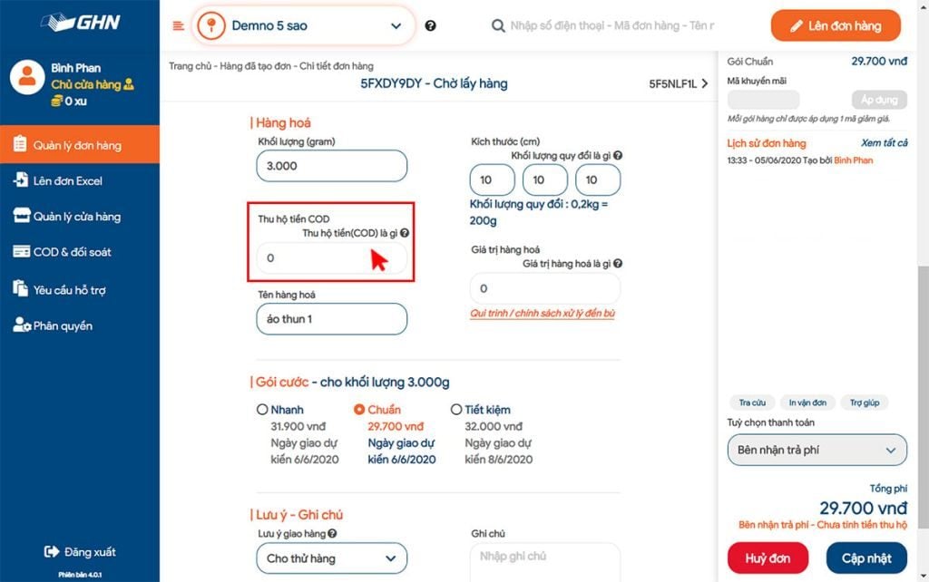 Cách tạo đơn thu hộ Giao Hàng Nặng