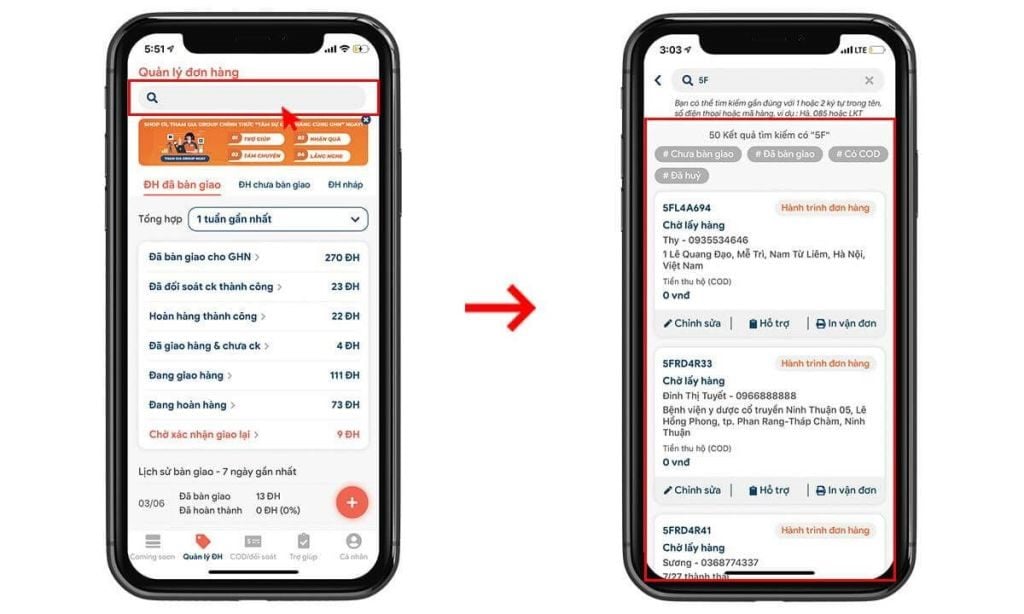 Khách hàng có thể kiểm tra đơn hàng ở đâu trên app
