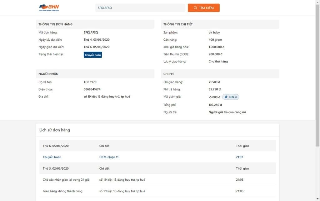 Người bán có thể tra cứu mọi thông tin liên quan đến kiện hàng tại website