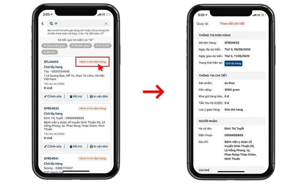 Người bán có thể xem thông tin đơn hàng qua ứng dụng
