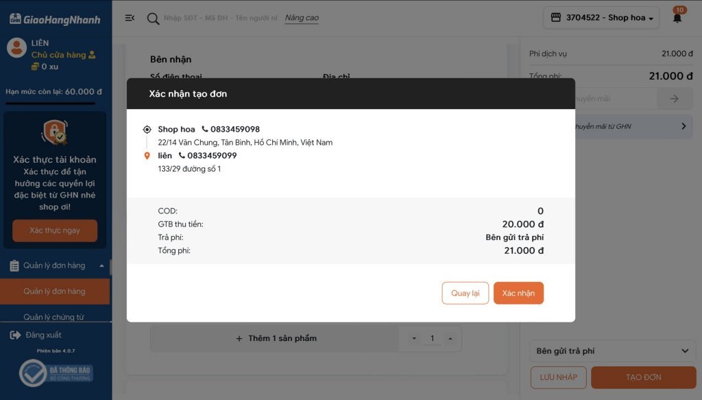 Shop kiểm tra lại thông tin đơn hàng rồi chọn Tạo đơn