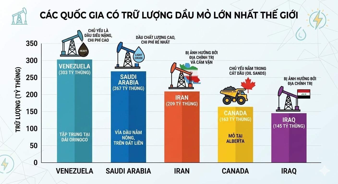 Biểu đồ trữ lượng dầu mỏ của các quốc gia có trữ lượng lớn nhất thế giới