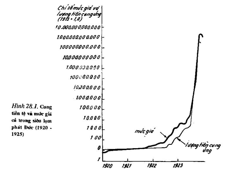 Hình vẽ mô tả cho sự liên quan giữa lạm phát và số lượng tiền tệ trên thị trường