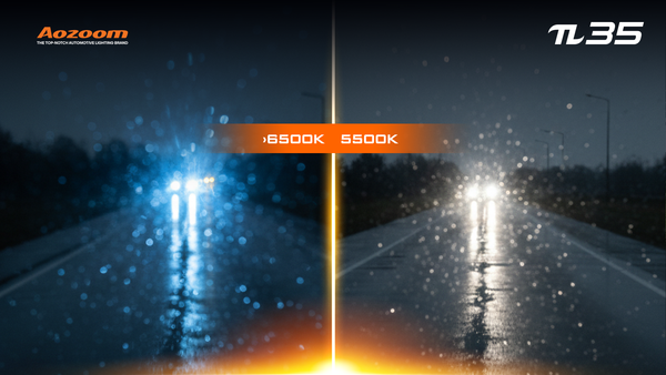 A comparison showing how a 5500K headlight performs better in rain than a blue 6500K+ light.