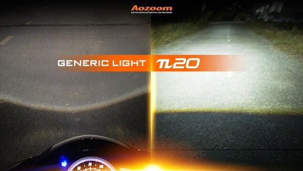 A beam pattern comparison showing the sharp, clean cutoff of an AOZOOM projector versus the poor quality of a generic light.