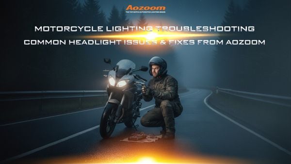 A motorcyclist troubleshooting a headlight issue on their bike at night.