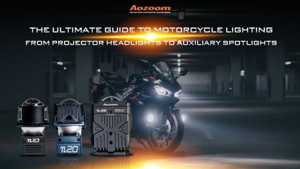 A sportbike at night with a powerful AOZOOM Bi-LED projector headlight demonstrating a sharp, safe beam cutoff.