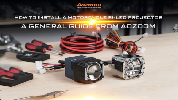 The components and tools required for a motorcycle Bi-LED projector headlight installation.