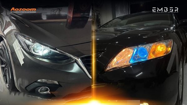 Toyota Camry and Mazda sedan parked side-by-side with AOZOOM EMBER lights illuminated.