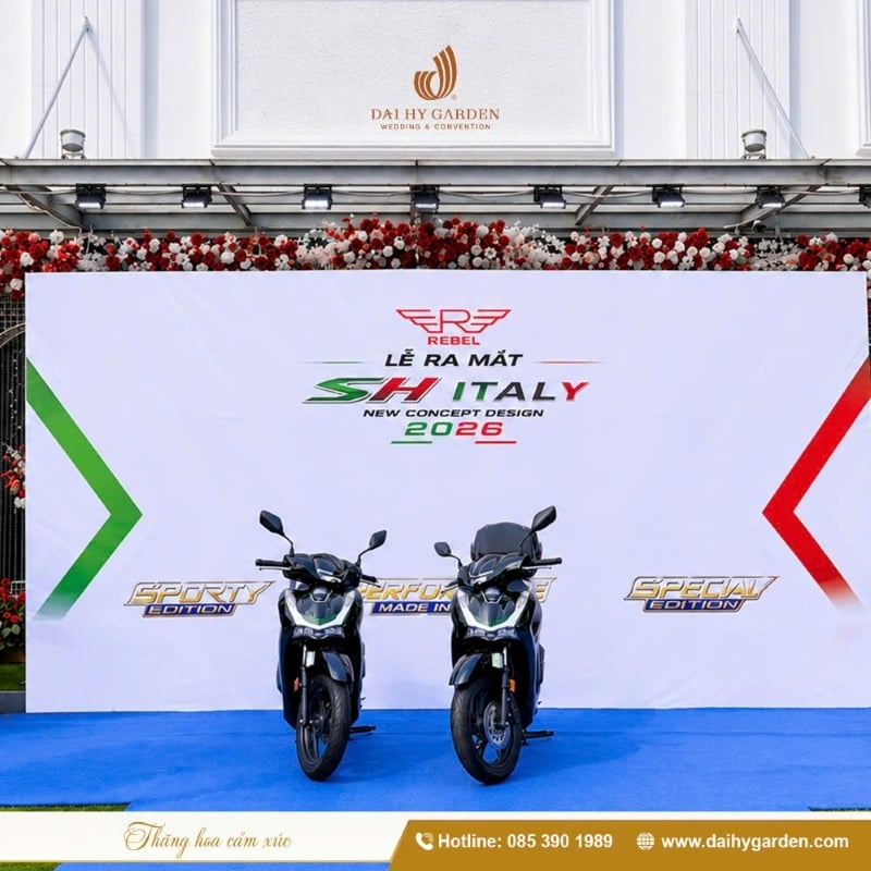 Backdrop sự kiện ra mắt xe SH Italy 2026 tại Đại Hỷ Garden