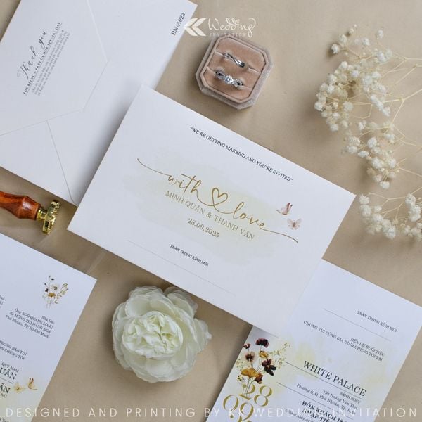 Thiệp cưới họa tiết hoa lá botanical line-art