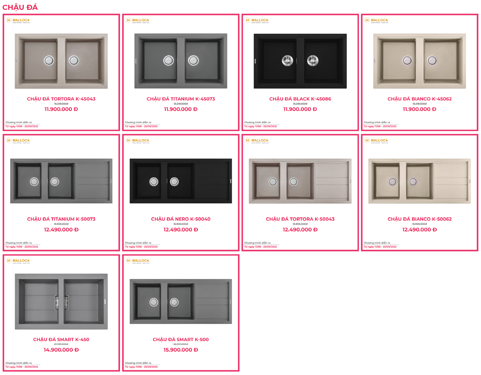 Các sản phẩm chậu đá trong chương trình khuyến mã của Malloca